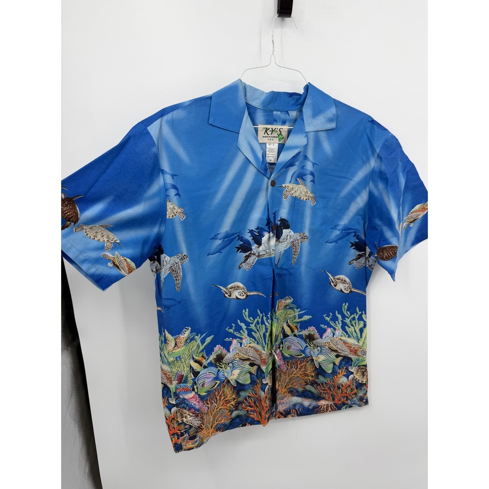 KY'S Hawaiian Sea Turtle Reef Print Shirt Mens Medium Blue Short Sleeve Cotton